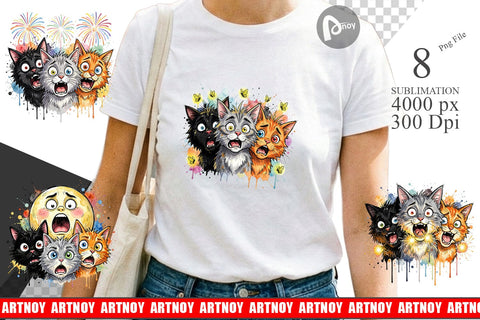 Sublimation Summer Night Panic Cats Watercolor Sublimation artnoy 