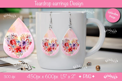 Sublimation Teardrop Earrings – Valentine’s Heart & Floral Design Sublimation Createya Design 