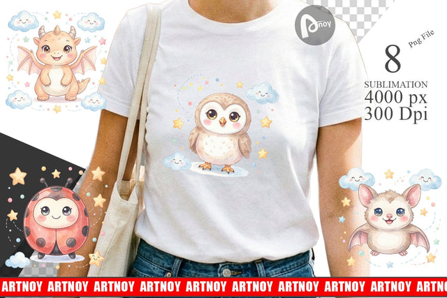 Sublimation Tiny Winged Baby Animal Watercolor Sublimation artnoy 