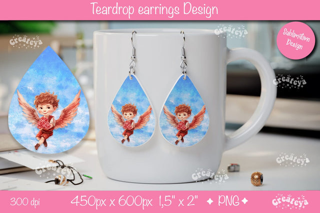 Sublimation Valentine Earrings – Angel Teardrop Watercolor Print Sublimation Createya Design 