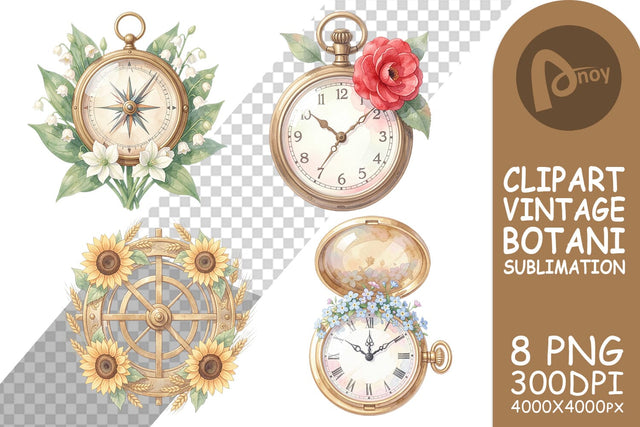 Sublimation Vintage Clock And Floral Watercolor Sublimation artnoy 