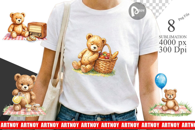 Sublimation Vintage Teddy Bear Picnic Watercolor Sublimation artnoy 