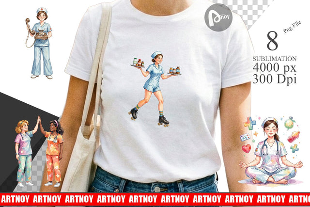 Sublimation Watercolor 70s Retro Nurse Characters Sublimation artnoy 