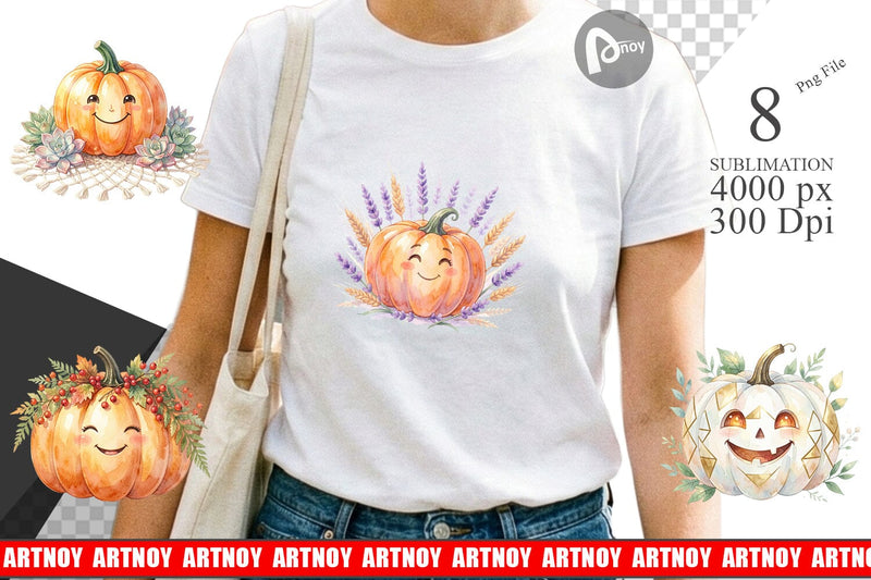 Sublimation Watercolor Boho Floral Smiling Pumpkin Sublimation artnoy 