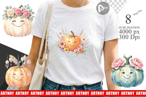 Sublimation Watercolor Boho Floral Smiling Pumpkin Sublimation artnoy 