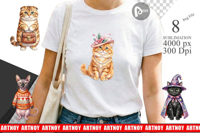 Sublimation Watercolor Fashionable Cat Mom Portraits Sublimation artnoy 