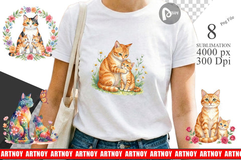 Sublimation Watercolor Floral Cat Motherhood Art Sublimation artnoy 