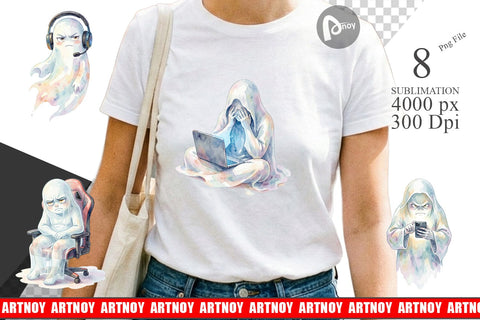 Sublimation Watercolor Funny Grumpy Gamer Ghost Sublimation artnoy 