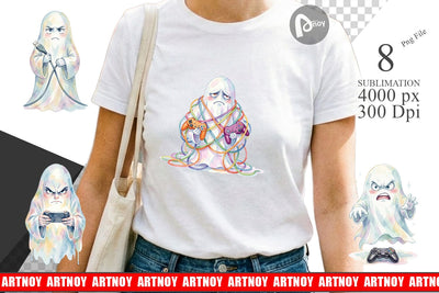 Sublimation Watercolor Funny Grumpy Gamer Ghost Sublimation artnoy 