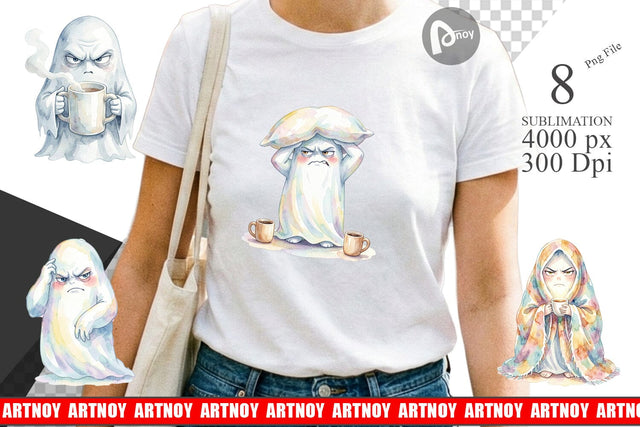Sublimation Watercolor Funny Grumpy Morning Ghost Sublimation artnoy 