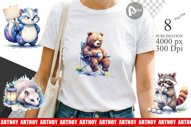 Sublimation Watercolor Grumpy Camping Animals Sublimation artnoy 