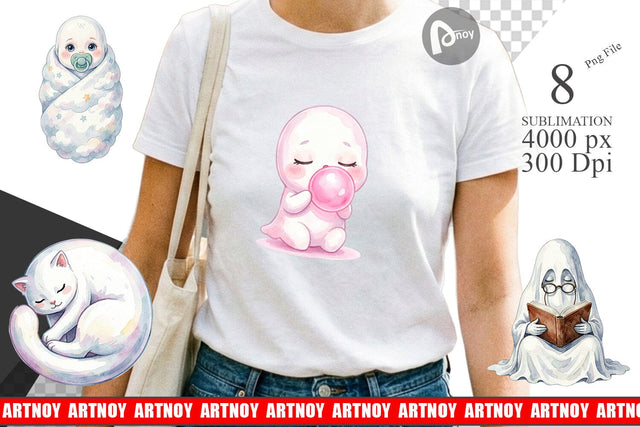 Sublimation Watercolor Kawaii Pastel Sleepy Ghost Sublimation artnoy 