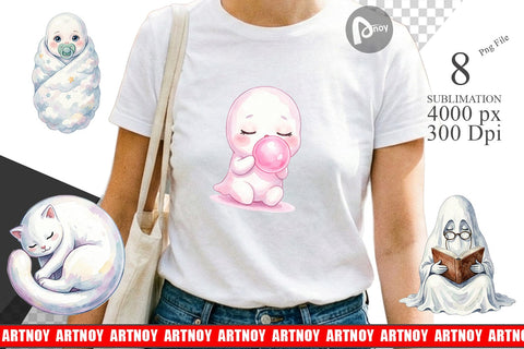 Sublimation Watercolor Kawaii Pastel Sleepy Ghost Sublimation artnoy 