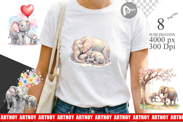 Sublimation Watercolor Mom And Baby Elephant Love Art Sublimation artnoy 