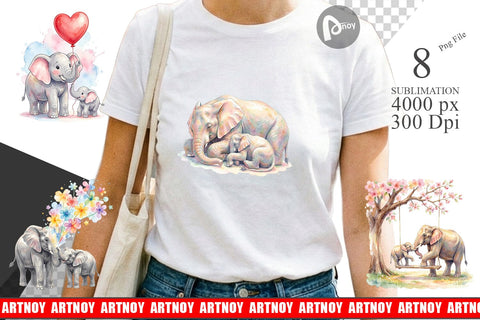 Sublimation Watercolor Mom And Baby Elephant Love Art Sublimation artnoy 