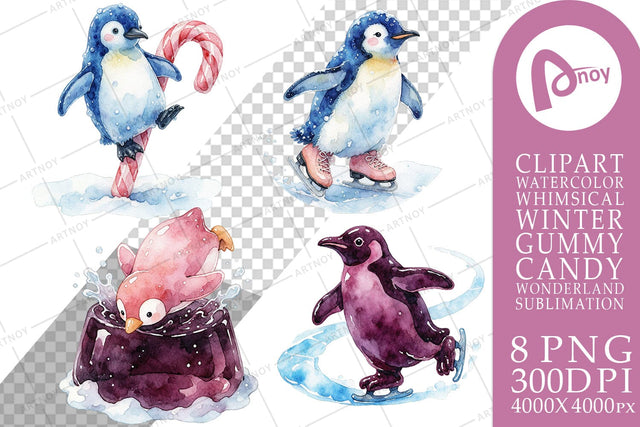 Sublimation Watercolor Playful Gummy Penguin Ice Skating Sublimation artnoy 