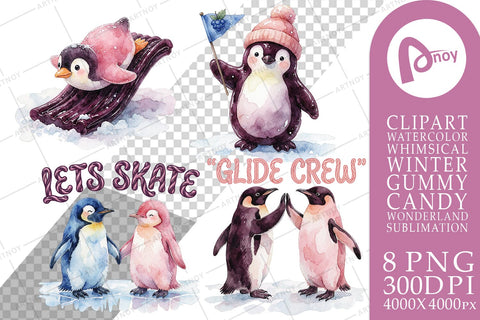 Sublimation Watercolor Playful Gummy Penguin Ice Skating Sublimation artnoy 