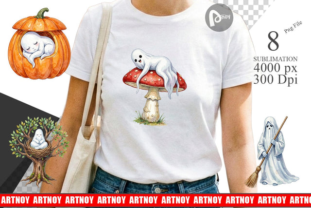 Sublimation Watercolor Sleepy Autumn Pumpkin Ghost Sublimation artnoy 