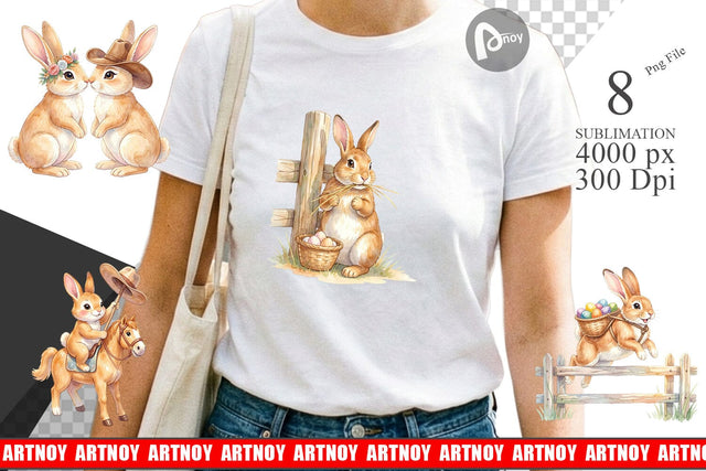Sublimation Watercolor Western Cowboy Bunny Easter Sublimation artnoy 