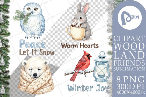 Sublimation Winter Cabin Woodland Friends Watercolor Sublimation artnoy 