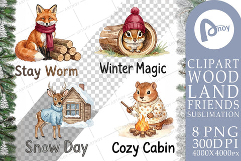 Sublimation Winter Cabin Woodland Friends Watercolor Sublimation artnoy 
