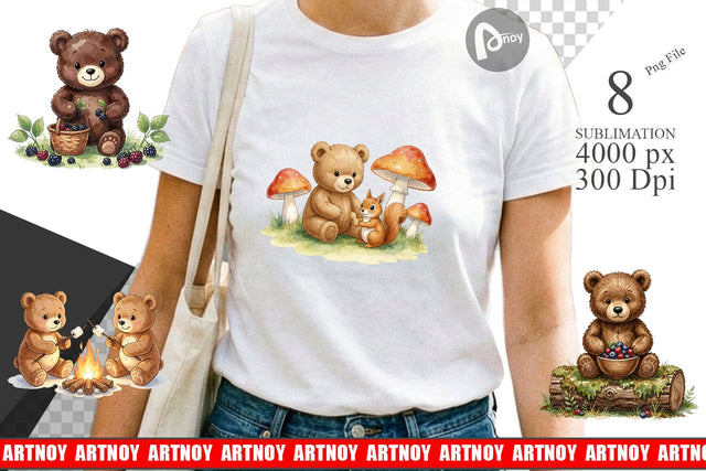 Sublimation Woodland Forest Teddy Bear Watercolor Sublimation artnoy 