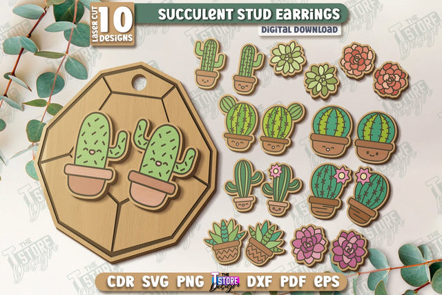 Succulent Stud Earrings Laser Cut Bundle | Floral Design | Jewelry | Accessories | CNC Files SVG The T Store Design 