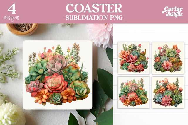 Succulents Square Coaster Sublimation Sublimation Carla C Designs 