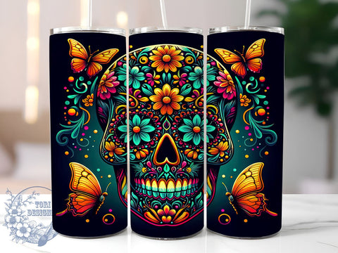 Sugar Skull 20oz Skinny Tumbler PNG, Teal Calaveras Tumbler Sublimation Wrap, Straight & Tapered Tumbler Wrap, Instant Digital Download Sublimation ToriDesigns 