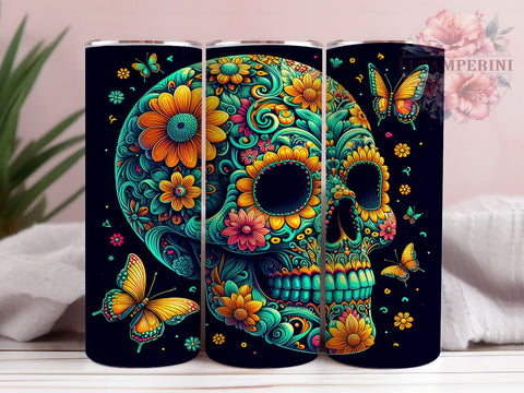 Sugar Skull 20oz Tumbler Wrap PNG, Teal Calaveras Tumbler PNG Sublimation Design, Straight & Tapered Tumbler Wrap, Instant Digital Download Sublimation Li Zamperini 