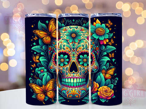 Sugar Skull 20oz Tumbler Wrap Sublimation Design, Straight Tapered Tumbler Wrap, Teal Calaveras Tumbler Png, Instant Digital Download Sublimation SvggirlplusArt 