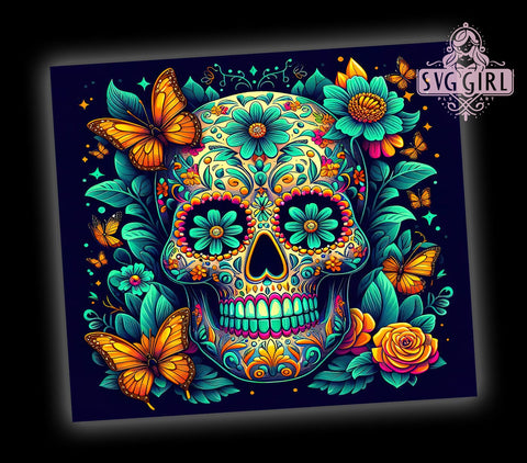 Sugar Skull 20oz Tumbler Wrap Sublimation Design, Straight Tapered Tumbler Wrap, Teal Calaveras Tumbler Png, Instant Digital Download Sublimation SvggirlplusArt 
