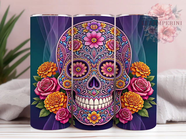 Sugar Skull Bloom 20oz Tumbler, Sugar Skull, Bloom Motif, Floral Design, Day of the Dead, Festive Style, Skinny Tumbler, Sublimation PNG Sublimation Li Zamperini 