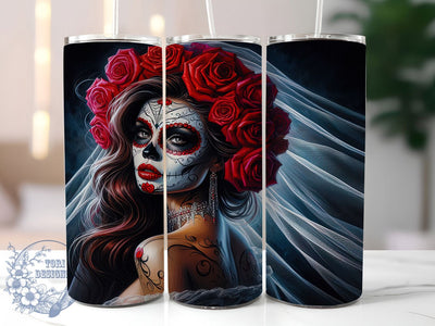 Sugar Skull Bride Tumbler, Bride Theme, Day Of The Dead, Floral Motif, Mystical Art, 20Oz Tumbler, Sublimation Wrap Sublimation ToriDesigns 