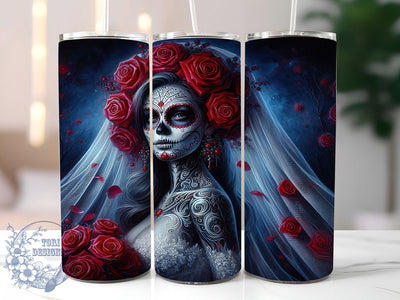 Sugar Skull Bride Tumbler, Bride Theme, Day Of The Dead, Floral Motif, Mystical Art, 20Oz Tumbler, Sublimation Wrap Sublimation ToriDesigns 
