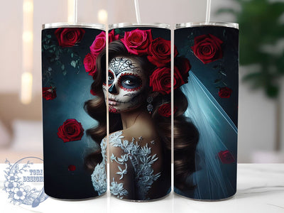 Sugar Skull Bride Tumbler, Bride Theme, Day Of The Dead, Floral Motif, Mystical Art, 20Oz Tumbler, Sublimation Wrap Sublimation ToriDesigns 