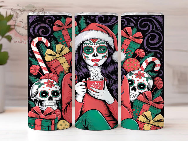 Sugar Skull Christmas Tumbler, Christmas Sugar Skull Wrap, 20oz Tumbler Sublimation, Gothic Holiday Design, Fierce Female Skull Tumbler, Edgy Christmas Sublimation, Rebel Santa Wrap Sublimation Lara' s Designs 
