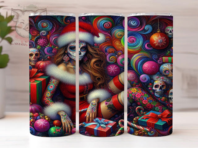 Sugar Skull Christmas Tumbler, Christmas Sugar Skull Wrap, 20oz Tumbler Sublimation, Gothic Holiday Design, Fierce Female Skull Tumbler, Edgy Christmas Sublimation, Rebel Santa Wrap Sublimation Lara' s Designs 