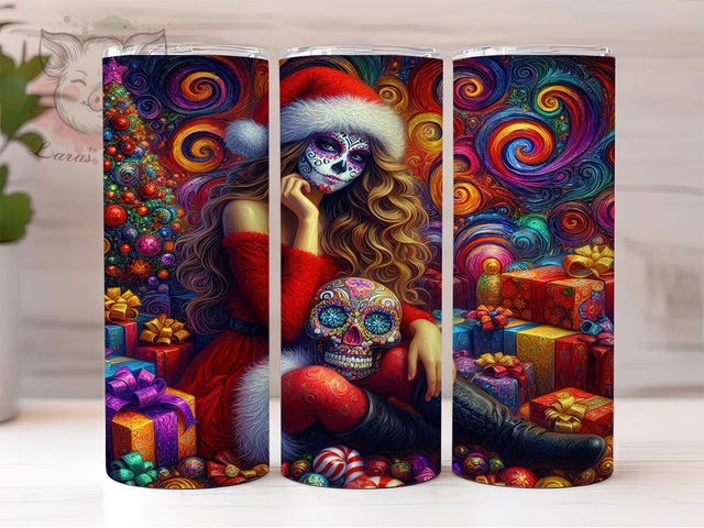 Sugar Skull Christmas Tumbler, Christmas Sugar Skull Wrap, 20oz Tumbler Sublimation, Gothic Holiday Design, Fierce Female Skull Tumbler, Edgy Christmas Sublimation, Rebel Santa Wrap Sublimation Lara' s Designs 