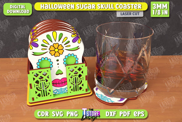Sugar Skull Coaster Laser Cut | Drinks Coasters with Stand | Halloween Design | Seasonal Coasters | CNC File SVG The T Store Design 