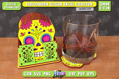 Sugar Skull Coaster Laser Cut | Drinks Coasters with Stand | Halloween Design | Seasonal Coasters | CNC File SVG The T Store Design 