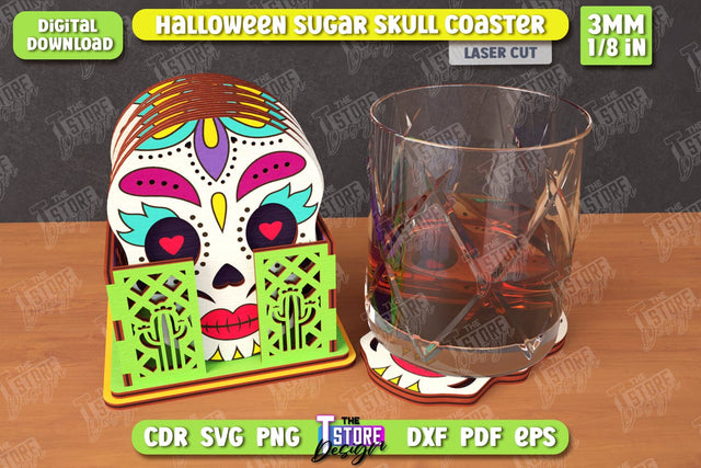 Sugar Skull Coaster Laser Cut | Drinks Coasters with Stand | Halloween Design | Seasonal Coasters | CNC File SVG The T Store Design 