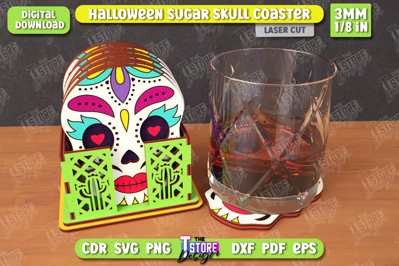 Sugar Skull Coaster Laser Cut | Drinks Coasters with Stand | Halloween Design | Seasonal Coasters | CNC File SVG The T Store Design 