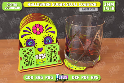 Sugar Skull Coaster Laser Cut | Drinks Coasters with Stand | Halloween Design | Seasonal Coasters | CNC File SVG The T Store Design 