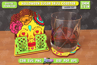 Sugar Skull Coaster Laser Cut | Drinks Coasters with Stand | Halloween Design | Seasonal Coasters | CNC File SVG The T Store Design 