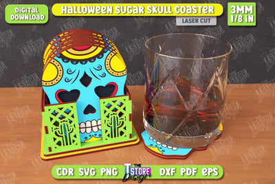 Sugar Skull Coaster Laser Cut | Drinks Coasters with Stand | Halloween Design | Seasonal Coasters | CNC File SVG The T Store Design 