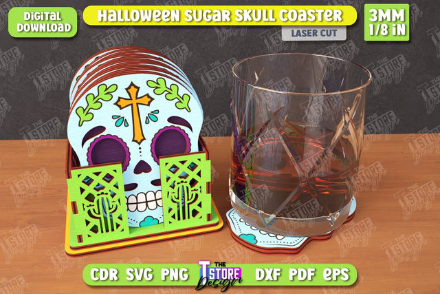 Sugar Skull Coaster Laser Cut | Drinks Coasters with Stand | Halloween Design | Seasonal Coasters | CNC File SVG The T Store Design 