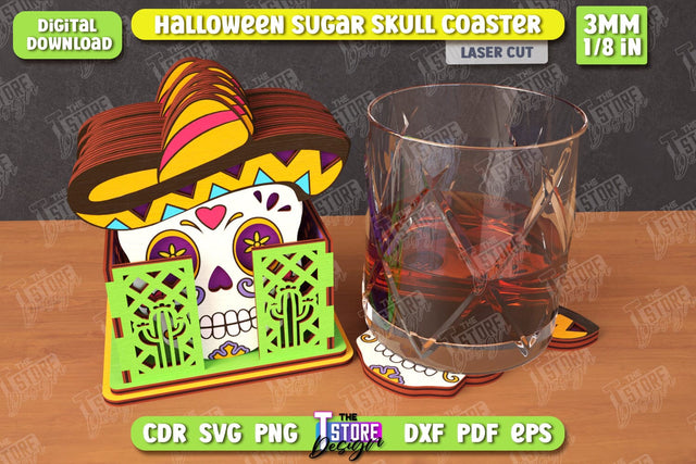 Sugar Skull Coaster Laser Cut | Drinks Coasters with Stand | Halloween Design | Seasonal Coasters | CNC File SVG The T Store Design 