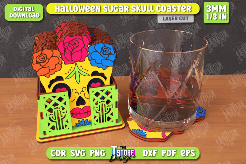Sugar Skull Coaster Laser Cut | Drinks Coasters with Stand | Halloween Design | Seasonal Coasters | CNC File SVG The T Store Design 