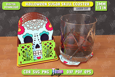 Sugar Skull Coaster Laser Cut | Drinks Coasters with Stand | Halloween Design | Seasonal Coasters | CNC File SVG The T Store Design 